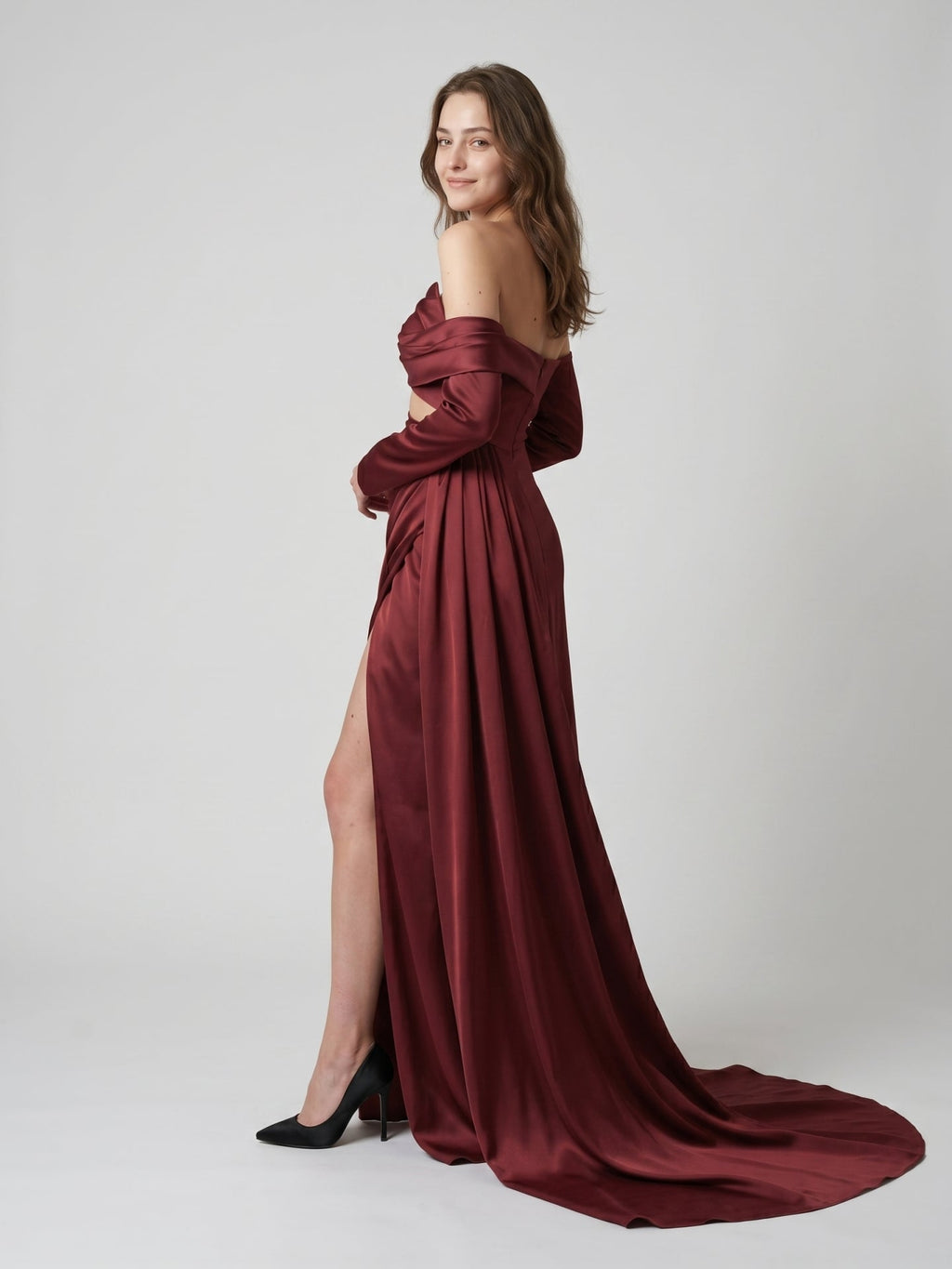 Cabernet Satin Mermaid Off-the-Shoulder Backless Floor-Length Pleated Bridesmaid Dress - Curvevia