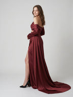 Cabernet Satin Mermaid Off-the-Shoulder Backless Floor-Length Pleated Bridesmaid Dress - Curvevia