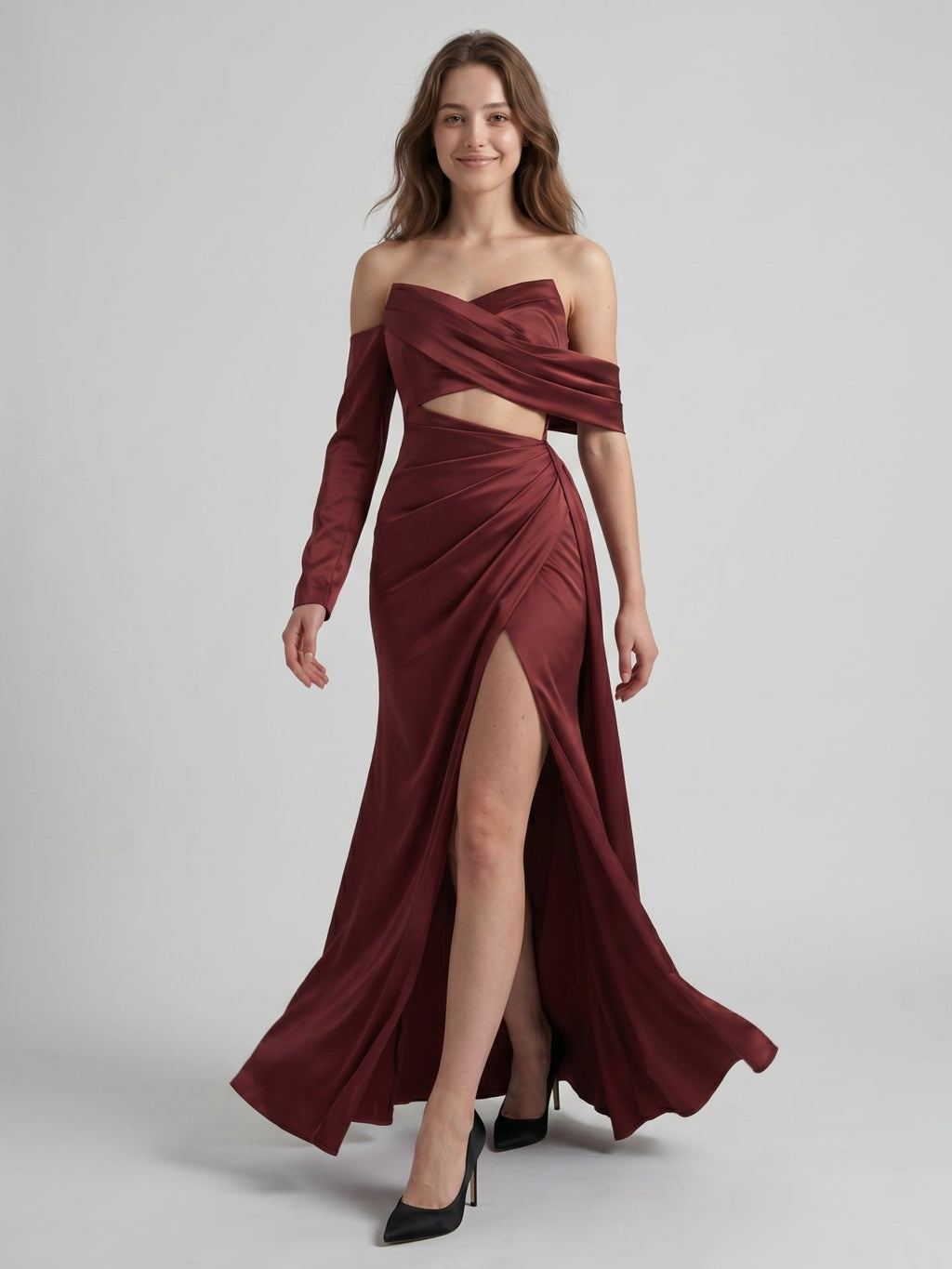 Cabernet Satin Mermaid Off-the-Shoulder Backless Floor-Length Pleated Bridesmaid Dress - Curvevia