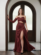 Cabernet Satin Mermaid Off-the-Shoulder Backless Floor-Length Pleated Bridesmaid Dress - Curvevia