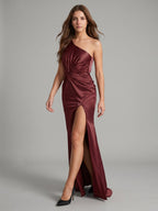 Cabernet Satin Mermaid One Shoulder Backless Floor-Length Bridesmaid Dress with Pleating - Curvevia