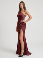 Cabernet Satin Mermaid One Shoulder Backless Floor-Length Bridesmaid Dress with Pleating - Curvevia