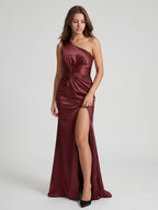 Cabernet Satin Mermaid One Shoulder Backless Floor-Length Bridesmaid Dress with Pleating - Curvevia