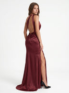 Cabernet Satin Mermaid One Shoulder Backless Floor-Length Bridesmaid Dress with Pleating - Curvevia