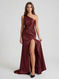 Cabernet Satin Mermaid One Shoulder Backless Floor-Length Bridesmaid Dress with Pleating - Curvevia