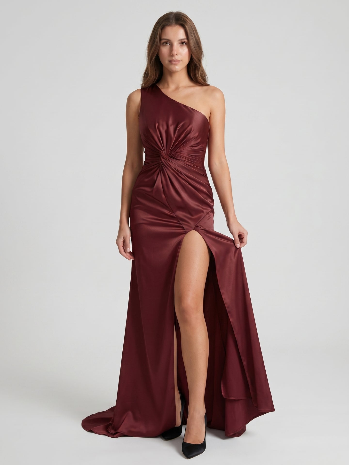 Cabernet Satin Mermaid One Shoulder Backless Floor-Length Bridesmaid Dress with Pleating - Curvevia