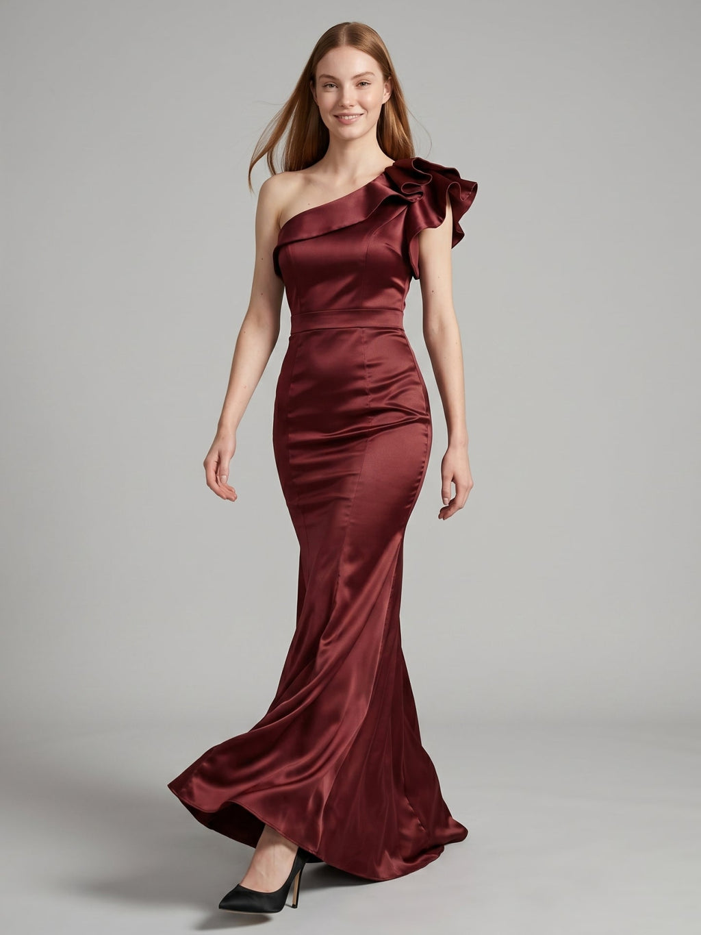Cabernet Satin Mermaid One Shoulder Side Zip Floor-Length Bridesmaid Dress with Ruffle - Curvevia