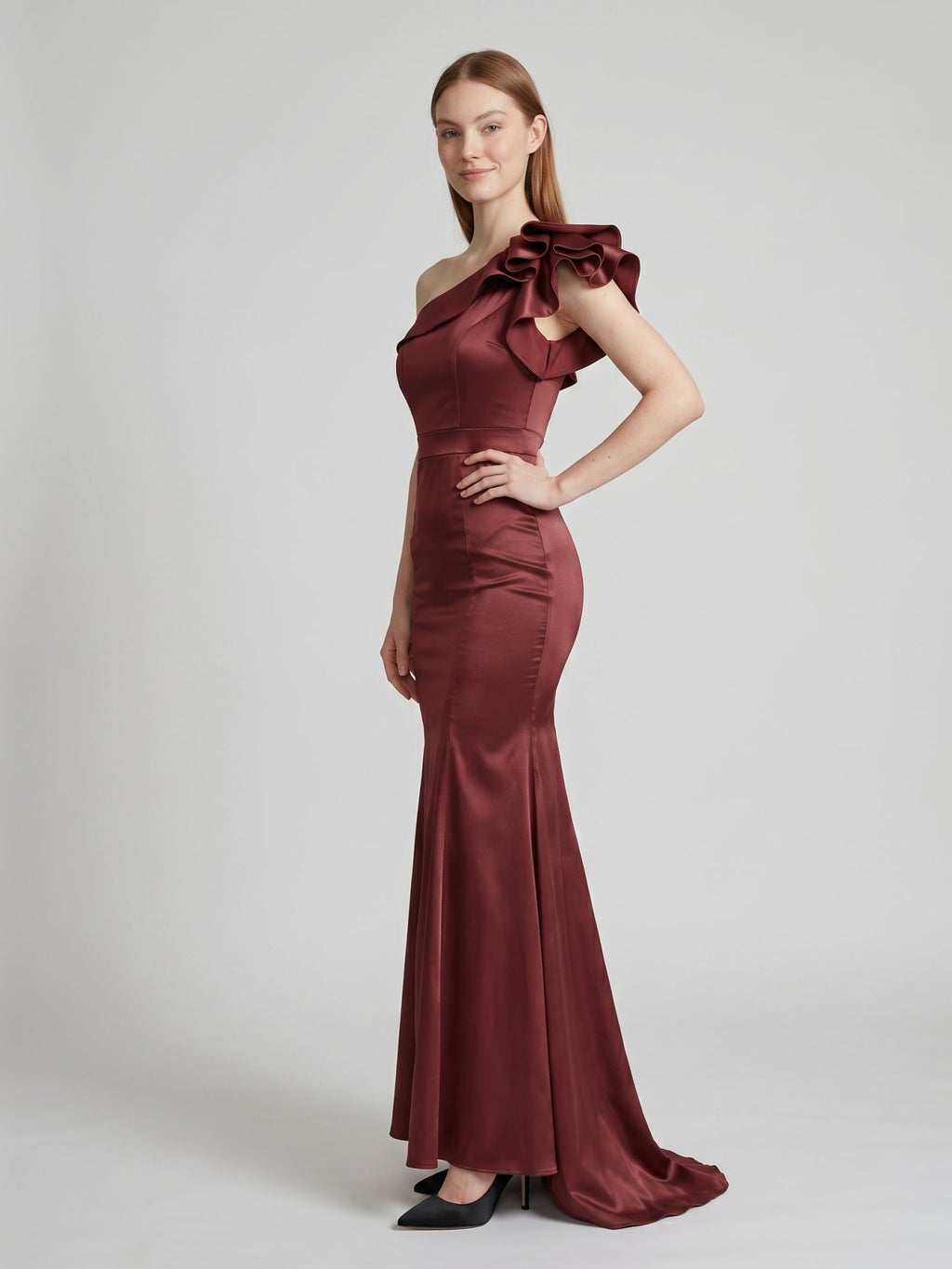 Cabernet Satin Mermaid One Shoulder Side Zip Floor-Length Bridesmaid Dress with Ruffle - Curvevia