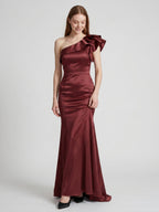 Cabernet Satin Mermaid One Shoulder Side Zip Floor-Length Bridesmaid Dress with Ruffle - Curvevia