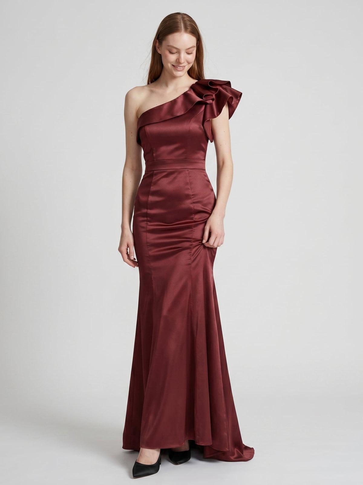 Cabernet Satin Mermaid One Shoulder Side Zip Floor-Length Bridesmaid Dress with Ruffle - Curvevia