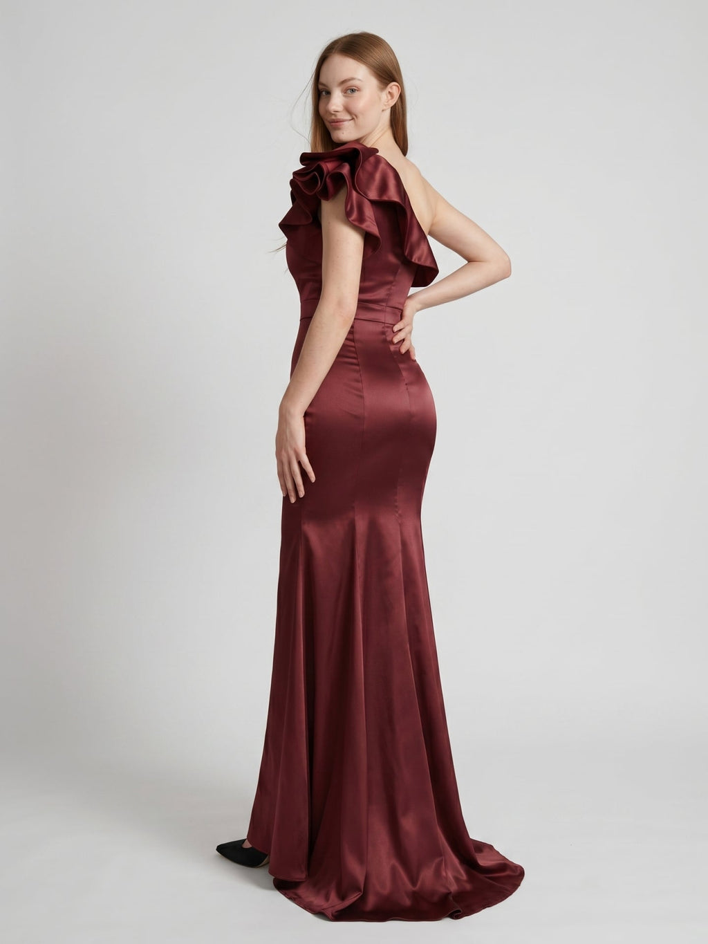 Cabernet Satin Mermaid One Shoulder Side Zip Floor-Length Bridesmaid Dress with Ruffle - Curvevia