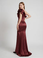 Cabernet Satin Mermaid One Shoulder Side Zip Floor-Length Bridesmaid Dress with Ruffle - Curvevia