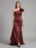 Cabernet Satin Mermaid One Shoulder Side Zip Floor-Length Bridesmaid Dress with Ruffle - Curvevia