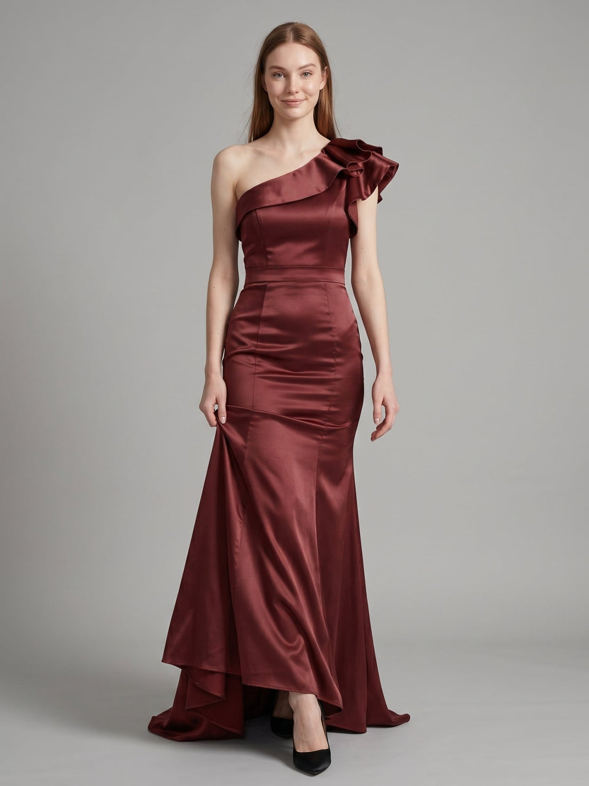 Cabernet Satin Mermaid One Shoulder Side Zip Floor-Length Bridesmaid Dress with Ruffle - Curvevia