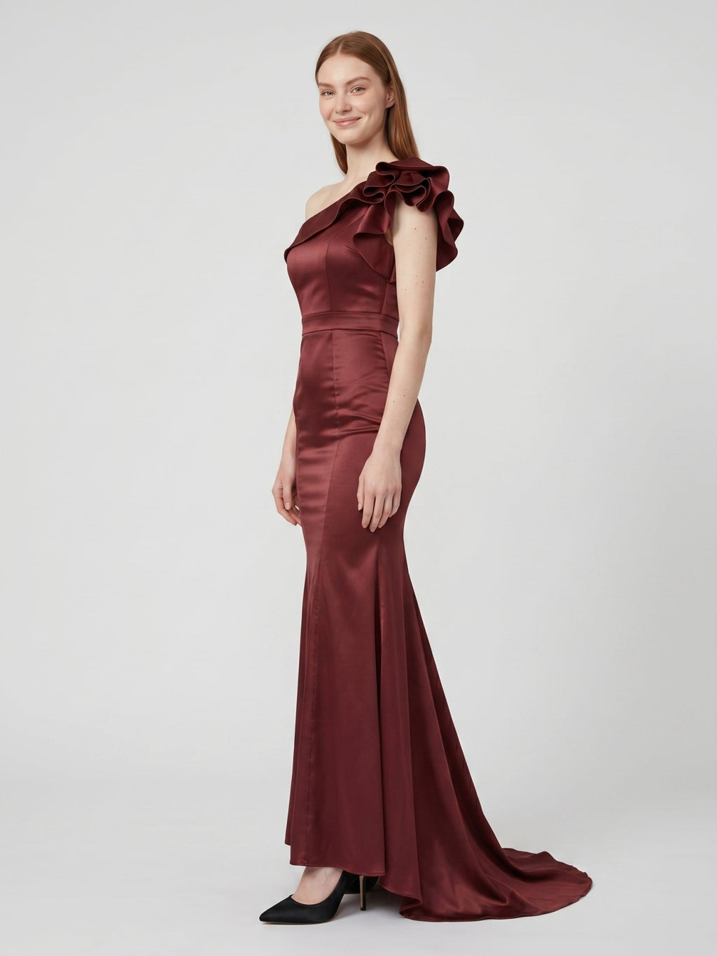 Cabernet Satin Mermaid One Shoulder Side Zip Floor-Length Bridesmaid Dress with Ruffle - Curvevia