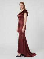 Cabernet Satin Mermaid One Shoulder Side Zip Floor-Length Bridesmaid Dress with Ruffle - Curvevia