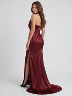 Cabernet Satin Mermaid Straight Neck Backless Floor-Length Bridesmaid Dress with Pleats - Curvevia
