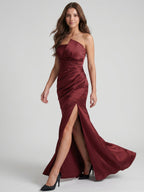 Cabernet Satin Mermaid Straight Neck Backless Floor-Length Bridesmaid Dress with Pleats - Curvevia