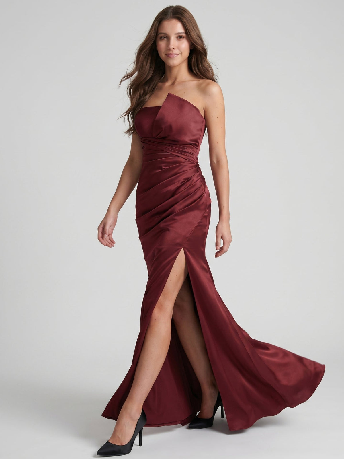 Cabernet Satin Mermaid Straight Neck Backless Floor-Length Bridesmaid Dress with Pleats - Curvevia
