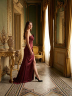 Cabernet Satin Mermaid Straight Neck Backless Floor-Length Bridesmaid Dress with Pleats - Curvevia