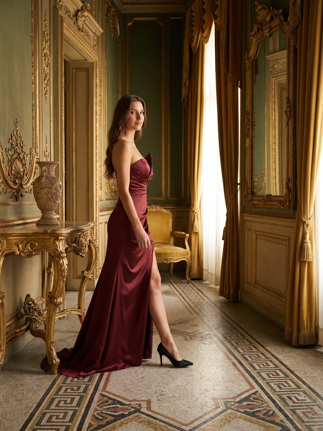 Cabernet Satin Mermaid Straight Neck Backless Floor-Length Bridesmaid Dress with Pleats - Curvevia