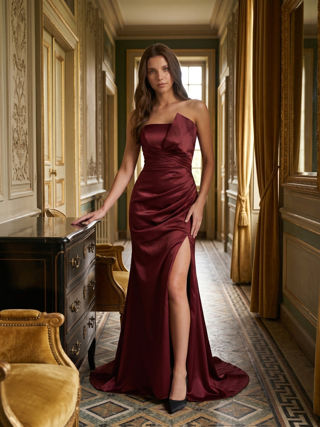 Cabernet Satin Mermaid Straight Neck Backless Floor-Length Bridesmaid Dress with Pleats - Curvevia