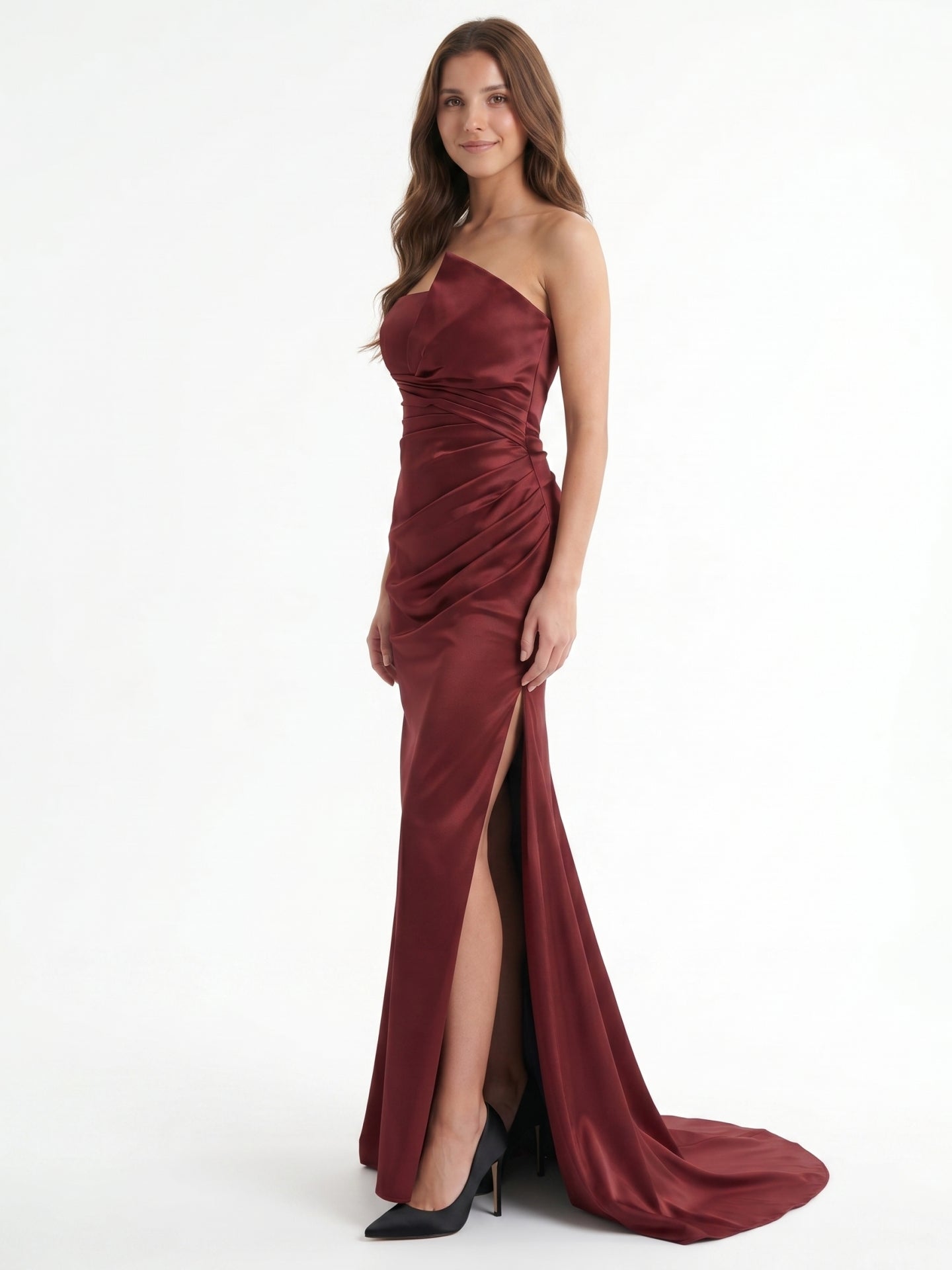 Cabernet Satin Mermaid Straight Neck Backless Floor-Length Bridesmaid Dress with Pleats - Curvevia