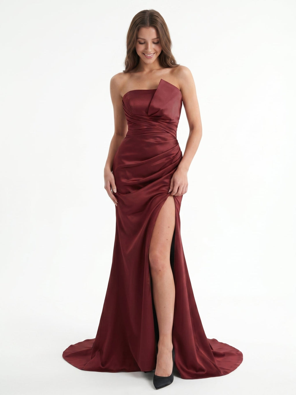 Cabernet Satin Mermaid Straight Neck Backless Floor-Length Bridesmaid Dress with Pleats - Curvevia