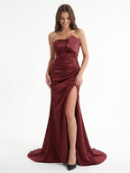 Cabernet Satin Mermaid Straight Neck Backless Floor-Length Bridesmaid Dress with Pleats - Curvevia