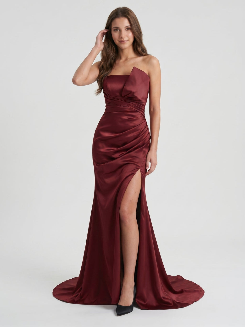 Cabernet Satin Mermaid Straight Neck Backless Floor-Length Bridesmaid Dress with Pleats - Curvevia