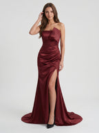 Cabernet Satin Mermaid Straight Neck Backless Floor-Length Bridesmaid Dress with Pleats - Curvevia