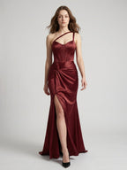 Cabernet Satin Mermaid Sweetheart Backless Floor-Length Bridesmaid Dress with Pleated Details - Curvevia