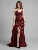 Cabernet Satin Mermaid Sweetheart Backless Floor-Length Bridesmaid Dress with Pleated Details - Curvevia