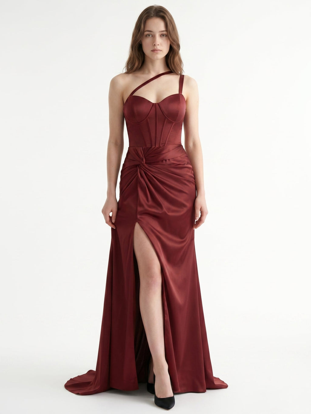 Cabernet Satin Mermaid Sweetheart Backless Floor-Length Bridesmaid Dress with Pleated Details - Curvevia