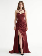 Cabernet Satin Mermaid Sweetheart Backless Floor-Length Bridesmaid Dress with Pleated Details - Curvevia