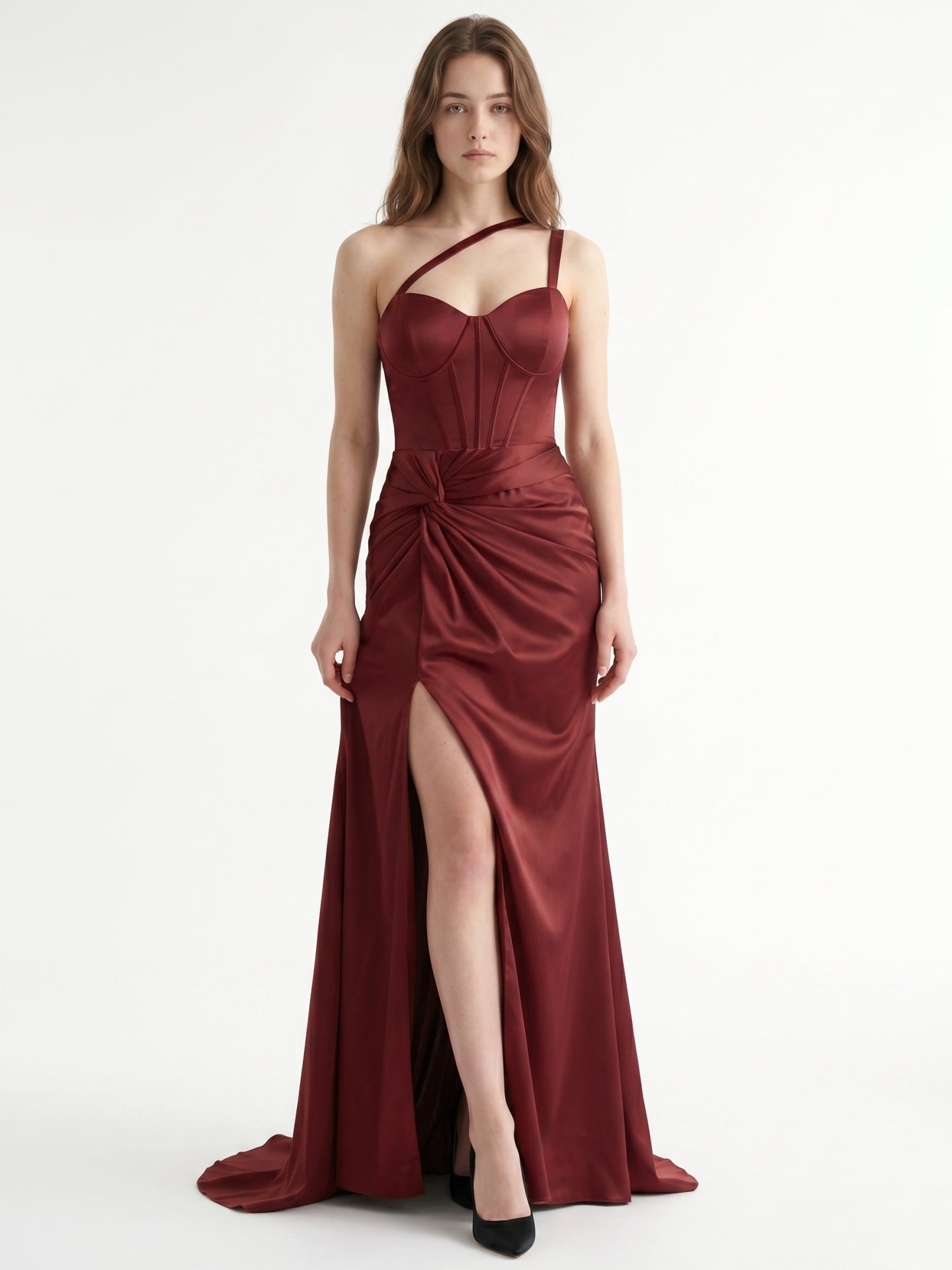 Cabernet Satin Mermaid Sweetheart Backless Floor-Length Bridesmaid Dress with Pleated Details - Curvevia