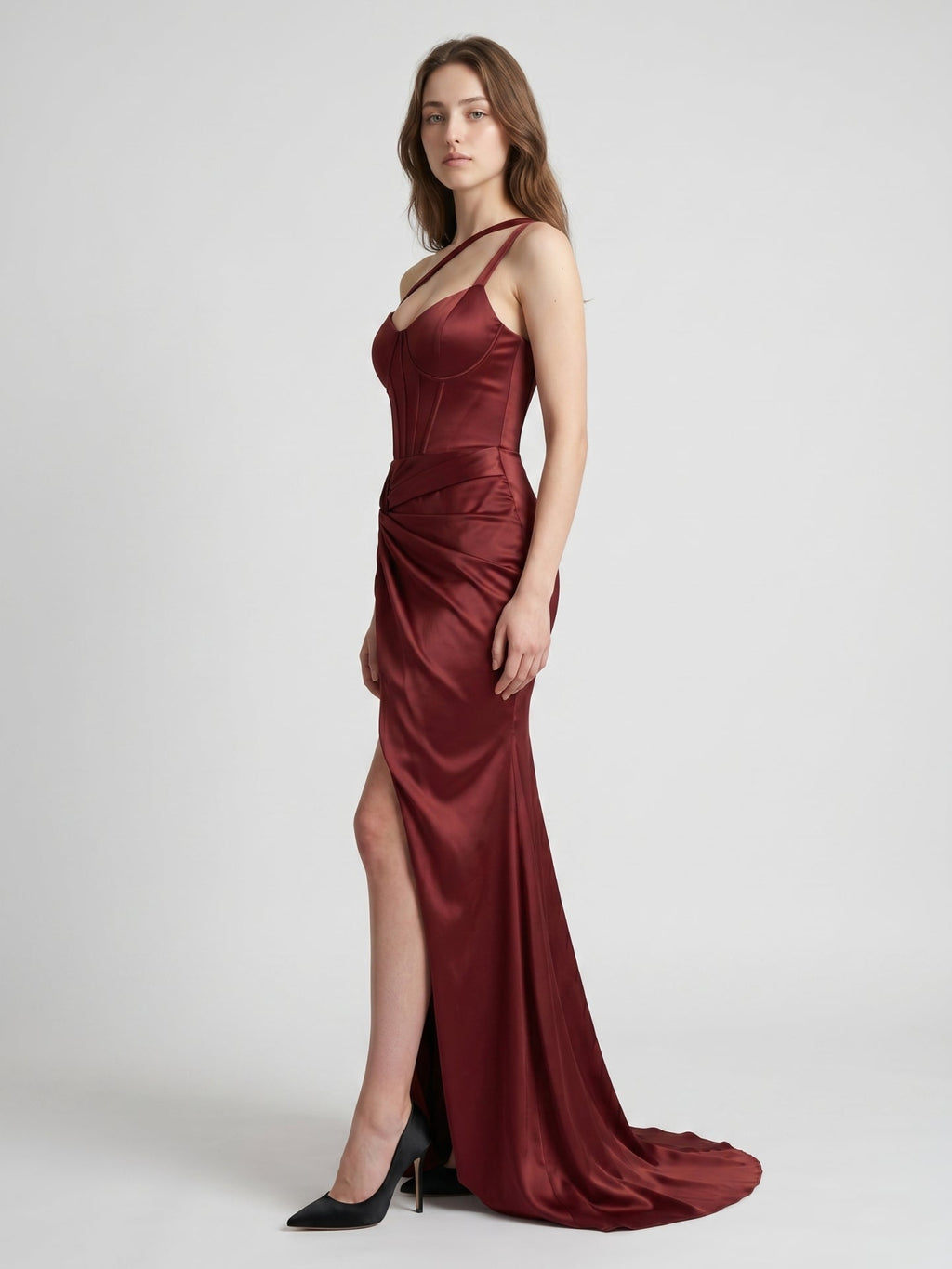 Cabernet Satin Mermaid Sweetheart Backless Floor-Length Bridesmaid Dress with Pleated Details - Curvevia