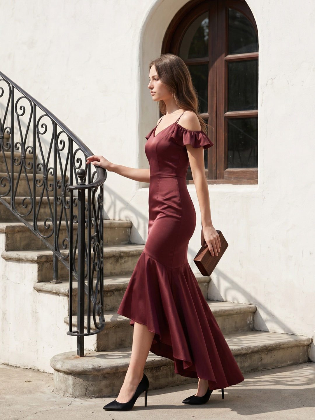 Cabernet Satin Mermaid V-Neck V-Back Floor-Length Bridesmaid Dress with Ruffle - Curvevia