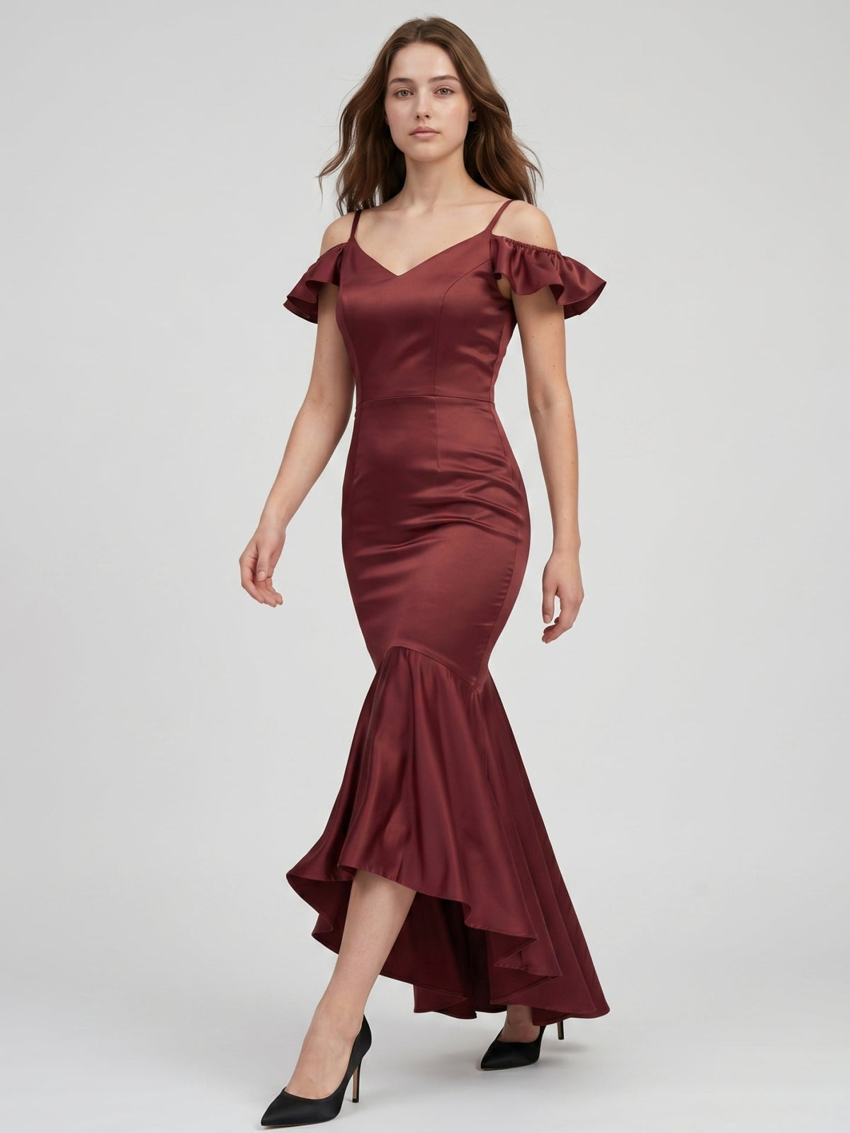 Cabernet Satin Mermaid V-Neck V-Back Floor-Length Bridesmaid Dress with Ruffle - Curvevia