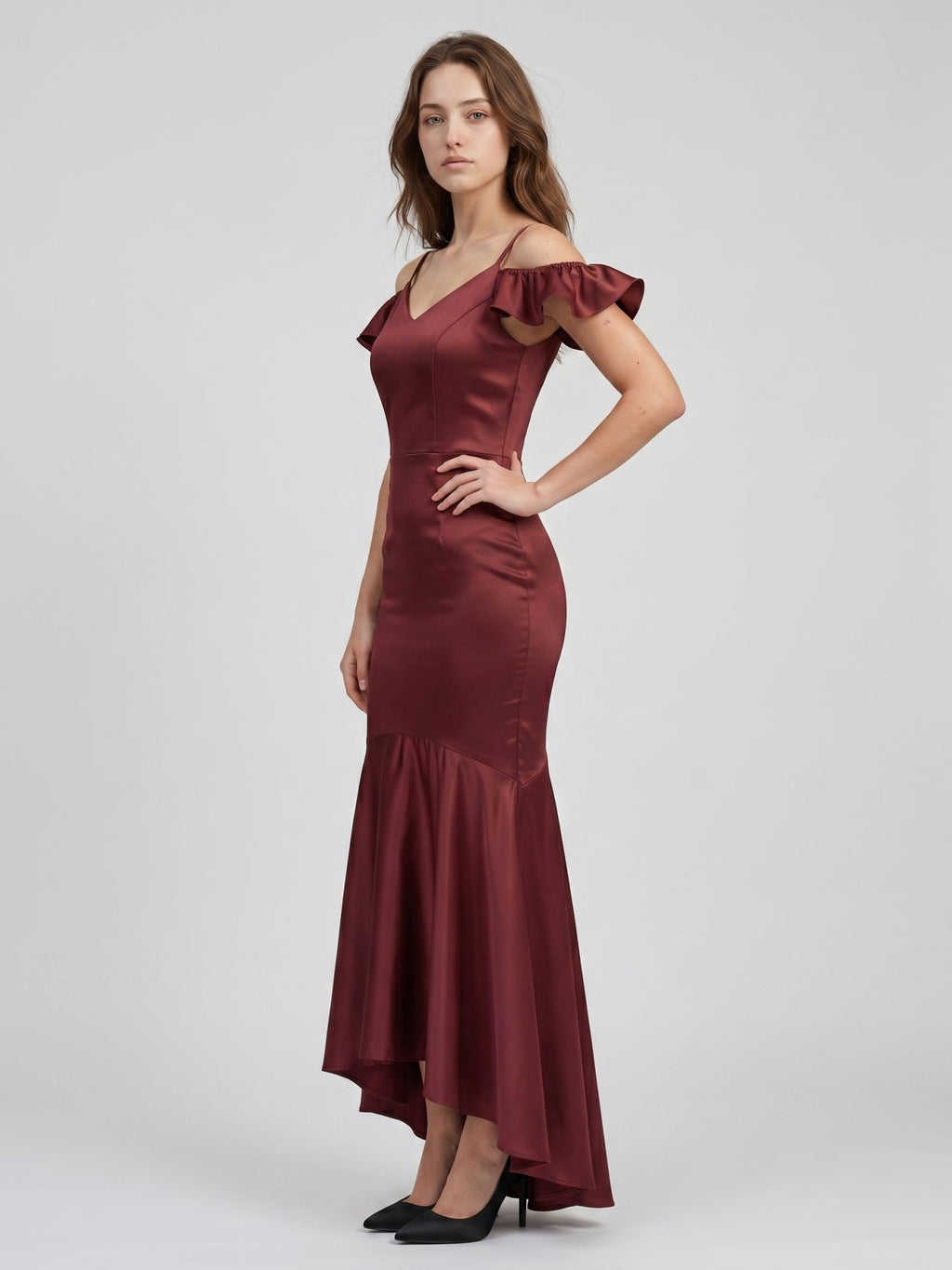 Cabernet Satin Mermaid V-Neck V-Back Floor-Length Bridesmaid Dress with Ruffle - Curvevia