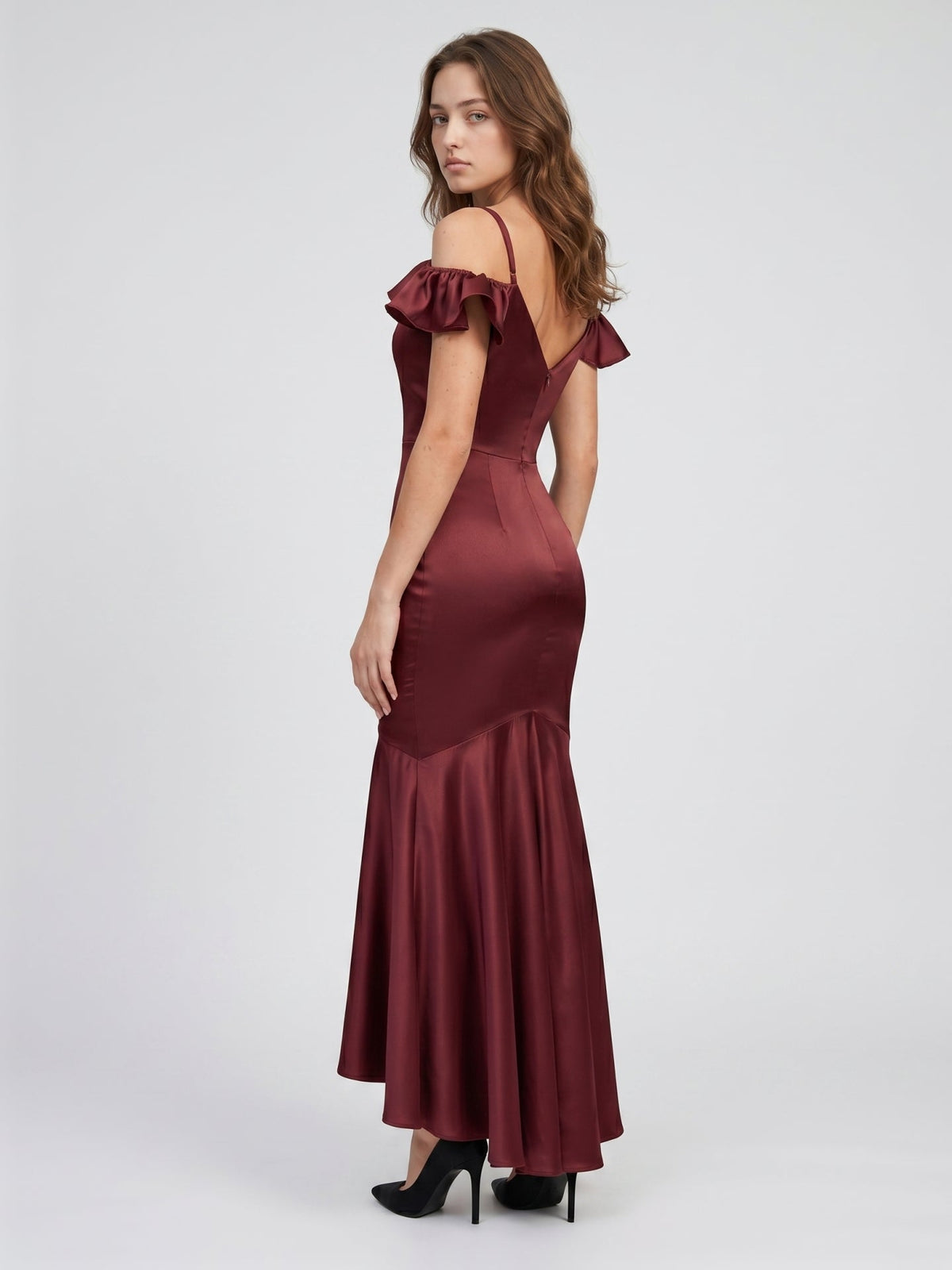 Cabernet Satin Mermaid V-Neck V-Back Floor-Length Bridesmaid Dress with Ruffle - Curvevia