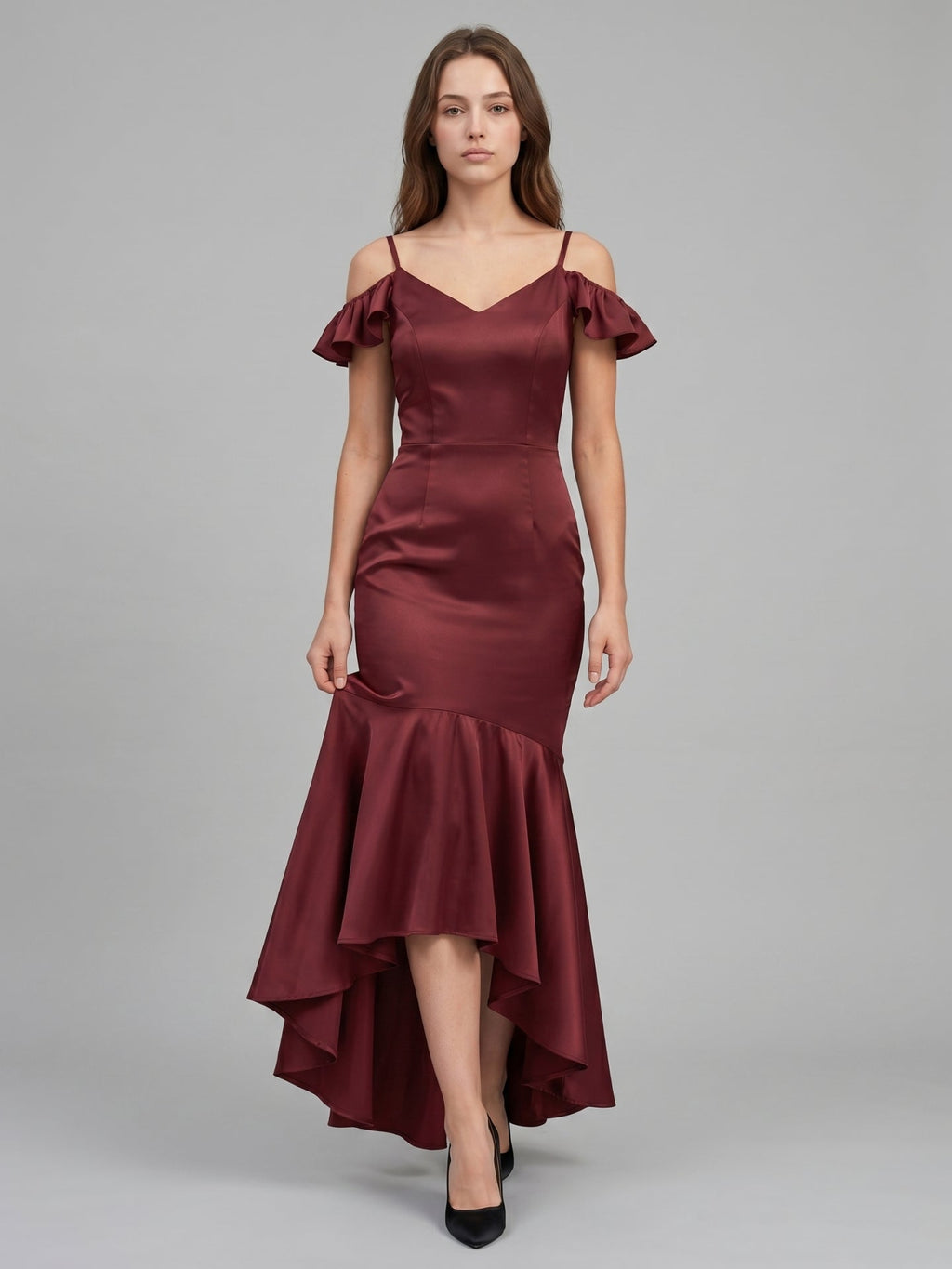 Cabernet Satin Mermaid V-Neck V-Back Floor-Length Bridesmaid Dress with Ruffle - Curvevia