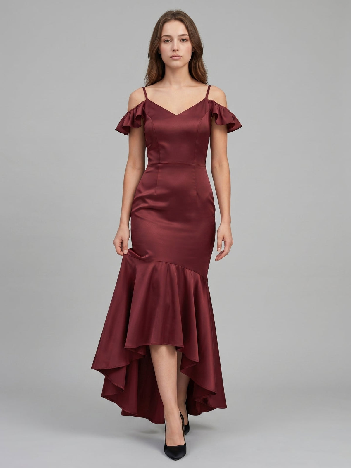 Cabernet Satin Mermaid V-Neck V-Back Floor-Length Bridesmaid Dress with Ruffle - Curvevia