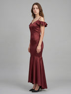 Cabernet Satin Mermaid V-Neck V-Back Floor-Length Bridesmaid Dress with Ruffle - Curvevia