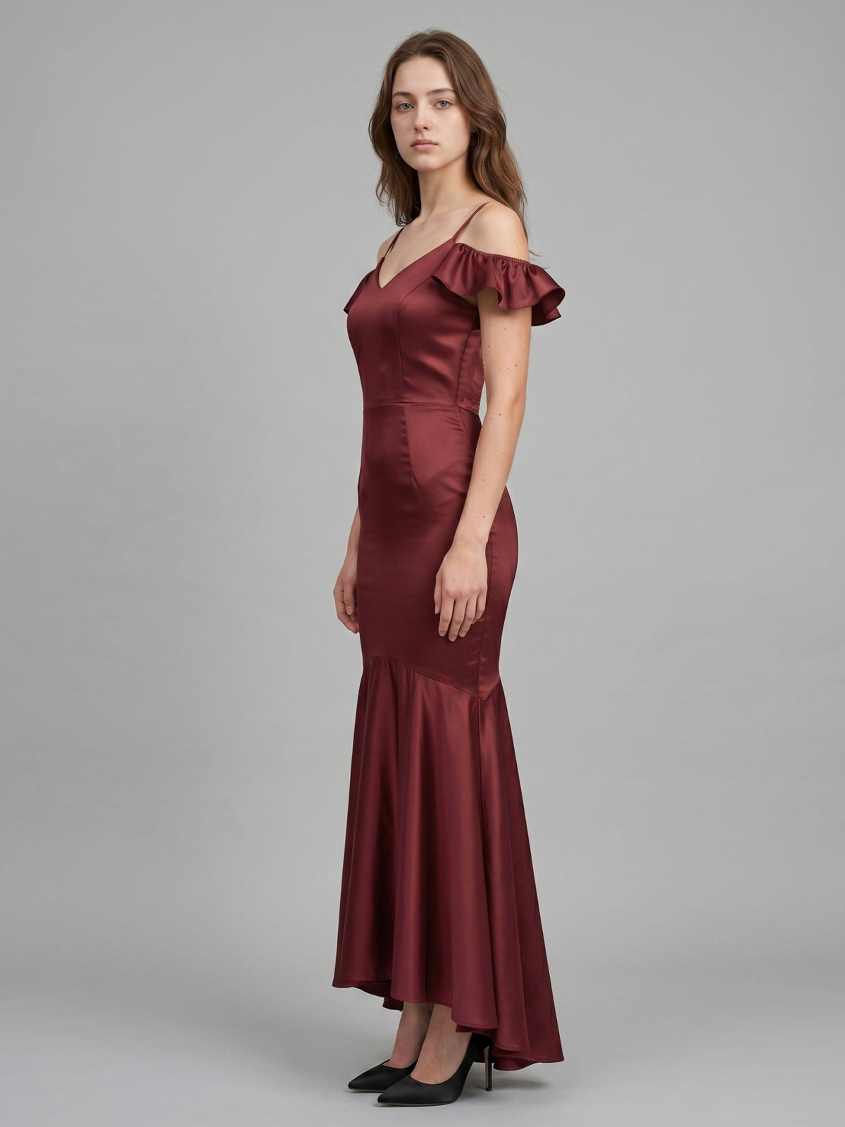 Cabernet Satin Mermaid V-Neck V-Back Floor-Length Bridesmaid Dress with Ruffle - Curvevia