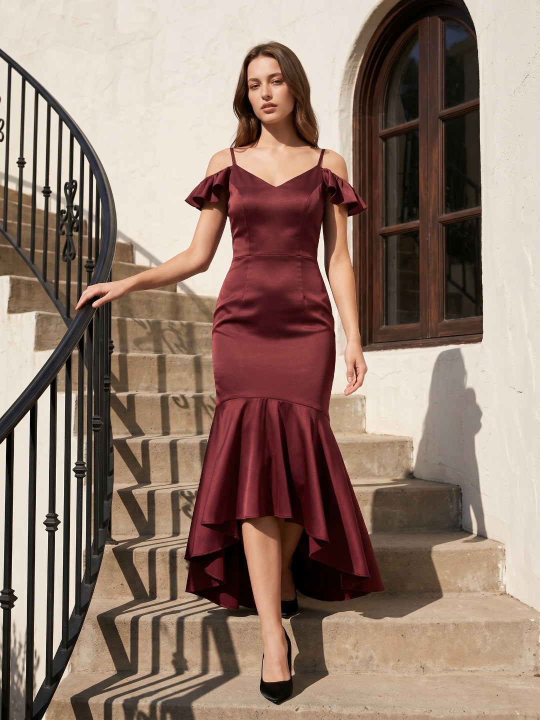 Cabernet Satin Mermaid V-Neck V-Back Floor-Length Bridesmaid Dress with Ruffle - Curvevia