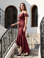 Cabernet Satin Mermaid V-Neck V-Back Floor-Length Bridesmaid Dress with Ruffle - Curvevia