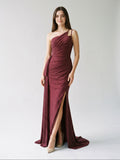 Cabernet Satin Sheath One Shoulder Back Zip Floor-Length Dress with Pleating - Curvevia
