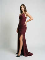 Cabernet Satin Sheath One Shoulder Back Zip Floor-Length Dress with Pleating - Curvevia