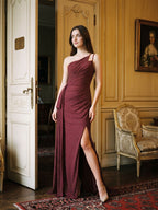 Cabernet Satin Sheath One Shoulder Back Zip Floor-Length Dress with Pleating - Curvevia